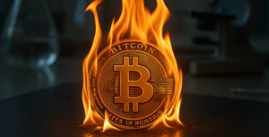 Una moneda de BTC en un laboratorio prendida fuego.
