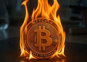 Una moneda de BTC en un laboratorio prendida fuego.