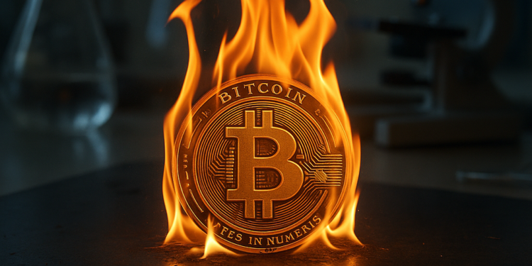 Una moneda de BTC en un laboratorio prendida fuego.