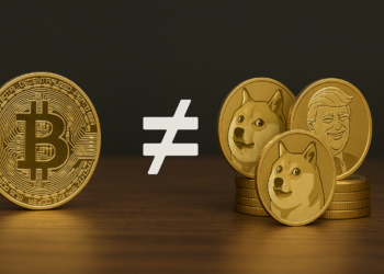 magen que representa la diferencia entre Bitcoin y las memecoins. A la izquierda se ve una moneda dorada de Bitcoin con su característico símbolo '₿'. A la derecha, separadas por un símbolo de desigualdad (≠), hay varias monedas con imágenes de memes populares como Doge y una caricatura de Donald Trump, representando criptomonedas tipo memecoin.