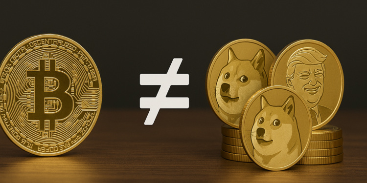 magen que representa la diferencia entre Bitcoin y las memecoins. A la izquierda se ve una moneda dorada de Bitcoin con su característico símbolo '₿'. A la derecha, separadas por un símbolo de desigualdad (≠), hay varias monedas con imágenes de memes populares como Doge y una caricatura de Donald Trump, representando criptomonedas tipo memecoin.