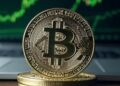 Imagen de bitcoin sobre un escritorio con gráficas verdes en el fondo.
