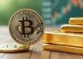 Una moneda de bitcoin al lado de lingotes de oro y gráficas verdes en el fondo.