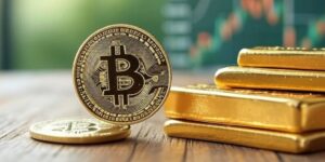 Una moneda de bitcoin al lado de lingotes de oro y gráficas verdes en el fondo.