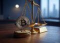 una balanza acompañada con unas monedas de bitcoin y un lingote de oro.