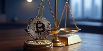 una balanza acompañada con unas monedas de bitcoin y un lingote de oro.
