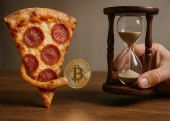 Una pizza pagándole a un reloj de arena con un bitcoin.