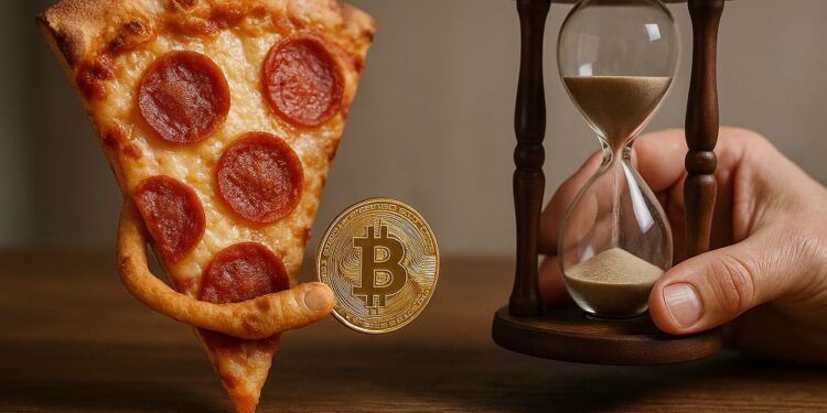 Una pizza pagándole a un reloj de arena con un bitcoin.