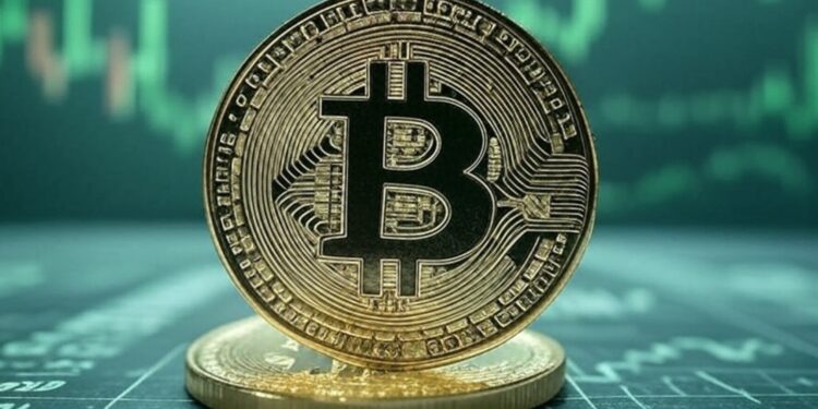 Bitcoin con una gráfica verde en el fondo.