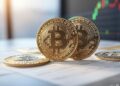 monedas de bitcoin sobre una mesa y un fondo con gráfico bursátil.