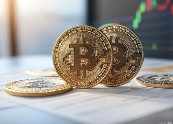 monedas de bitcoin sobre una mesa y un fondo con gráfico bursátil.
