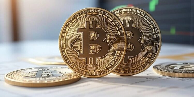 monedas de bitcoin sobre una mesa y un fondo con gráfico bursátil.