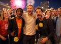 Imagen de personas contentos con monedas de bitcoin, fuegos artificiales, festejando.
