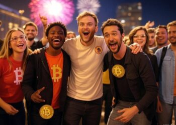 Imagen de personas contentos con monedas de bitcoin, fuegos artificiales, festejando.