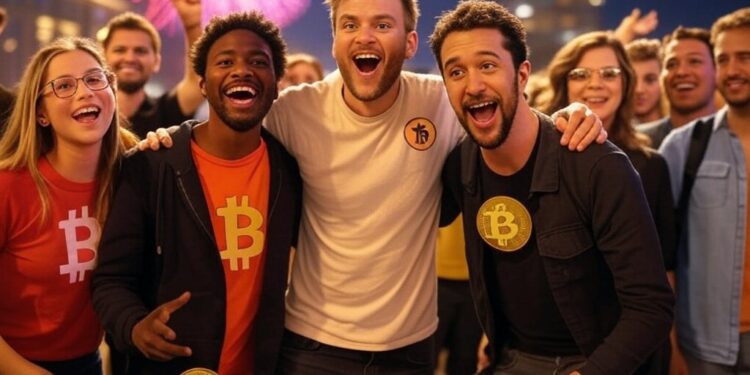 Imagen de personas contentos con monedas de bitcoin, fuegos artificiales, festejando.