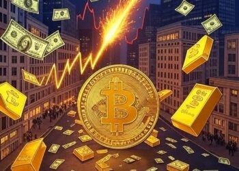 En el centro, un gráfico ascendente de bitcoin con un precio que alcanza los 600.000 dólares, representado por una línea dorada brillante que se dispara hacia el cielo.