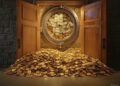 unas puertas que dan acceso a muchas monedas de bitcoin.