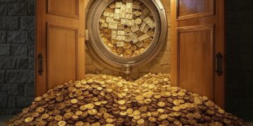 unas puertas que dan acceso a muchas monedas de bitcoin.