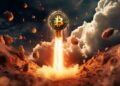 Imagen de moneda de bitcoin disparando fuego elevándose hacia arriba.