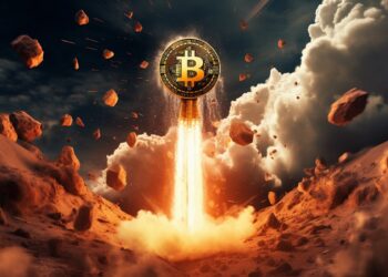 Imagen de moneda de bitcoin disparando fuego elevándose hacia arriba.