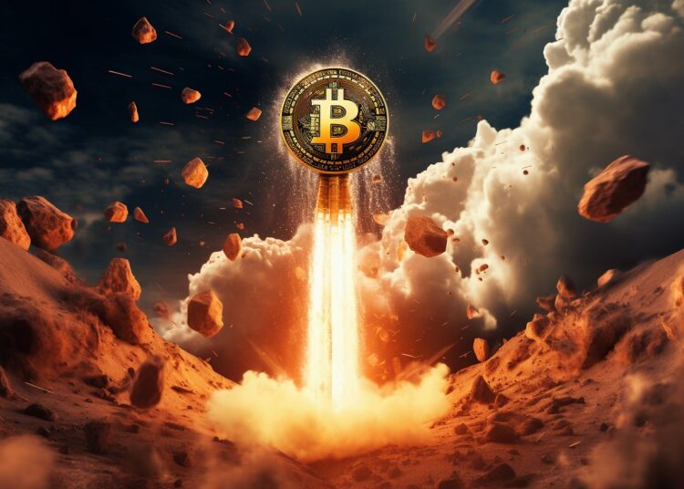 Imagen de moneda de bitcoin disparando fuego elevándose hacia arriba.