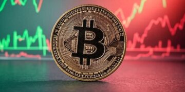 Una moneda de Bitcoin con un fondo de gráficas verdes y rojas.