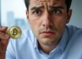 Hombre con expresión de preocupación en su rostro y una moneda de bitcoin en su mano.