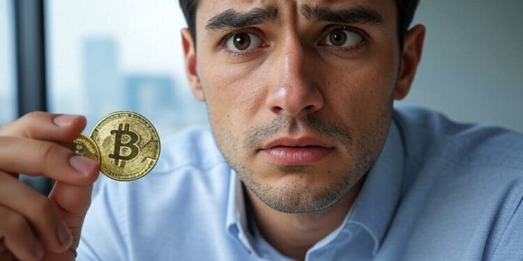 Hombre con expresión de preocupación en su rostro y una moneda de bitcoin en su mano.