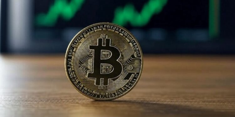 Bitcoin sobre un escritorio con gráficas verdes en el fondo.