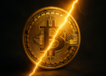 Una moneda de BTC atravesada por un rayo amarillo.