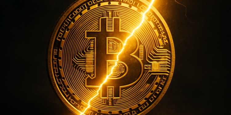 Una moneda de BTC atravesada por un rayo amarillo.