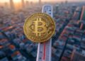 Imagen de moneda de bitcoin, un termómetro, y el mundo.