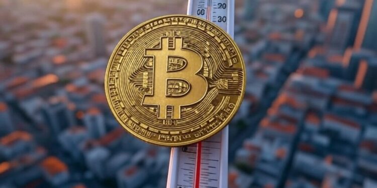 Imagen de moneda de bitcoin, un termómetro, y el mundo.