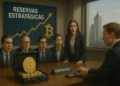 empresarios viendo con asombro un bitcoin sobre una mesa.