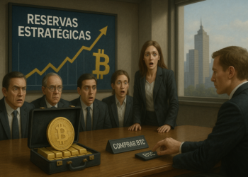 empresarios viendo con asombro un bitcoin sobre una mesa.
