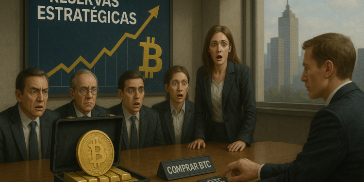 empresarios viendo con asombro un bitcoin sobre una mesa.