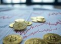 monedas de bitcoin sobre un escritorio con varias gráficas.