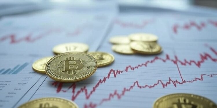 monedas de bitcoin sobre un escritorio con varias gráficas.