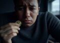 Una persona triste con una moneda en su mano derecha.
