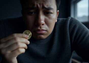 Una persona triste con una moneda en su mano derecha.