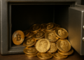 Caja fuerte con monedas de bitcoin y de la memecoin TRUMP.