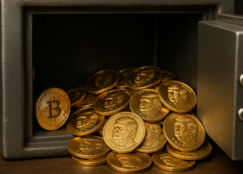 Caja fuerte con monedas de bitcoin y de la memecoin TRUMP.