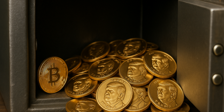 Caja fuerte con monedas de bitcoin y de la memecoin TRUMP.