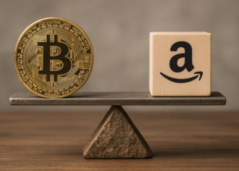 Una balanza en la que están una moneda de bitcoin y un cubo con el logo de Amazon.