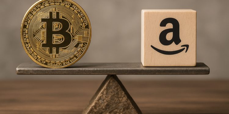Una balanza en la que están una moneda de bitcoin y un cubo con el logo de Amazon.