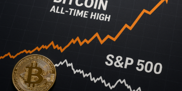 Moneda de bitcoin, gráfico de bitcoin subiendo y gráfico del S&P500 bajando