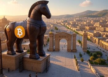 Un caballo de Troya con el símbolo de Bitcoin