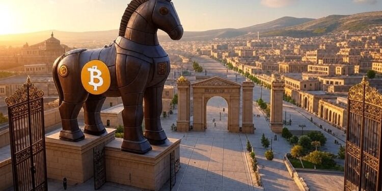 Un caballo de Troya con el símbolo de Bitcoin