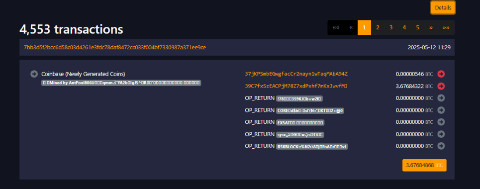 Imagen sobre transacciones en un bloque de Bitcoin con operaciones OP_RETURN.