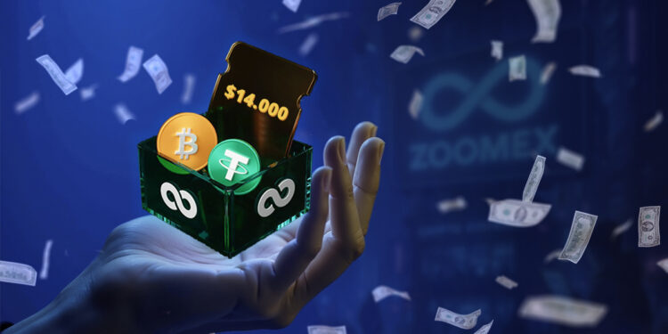 mano sosteniendo canasta digital con monedas de bitcoin y tether y boleto por 14.000 dólares rodeado de billetes de dolares cayendo sobre fondo azul con logo de zoomex reflejado